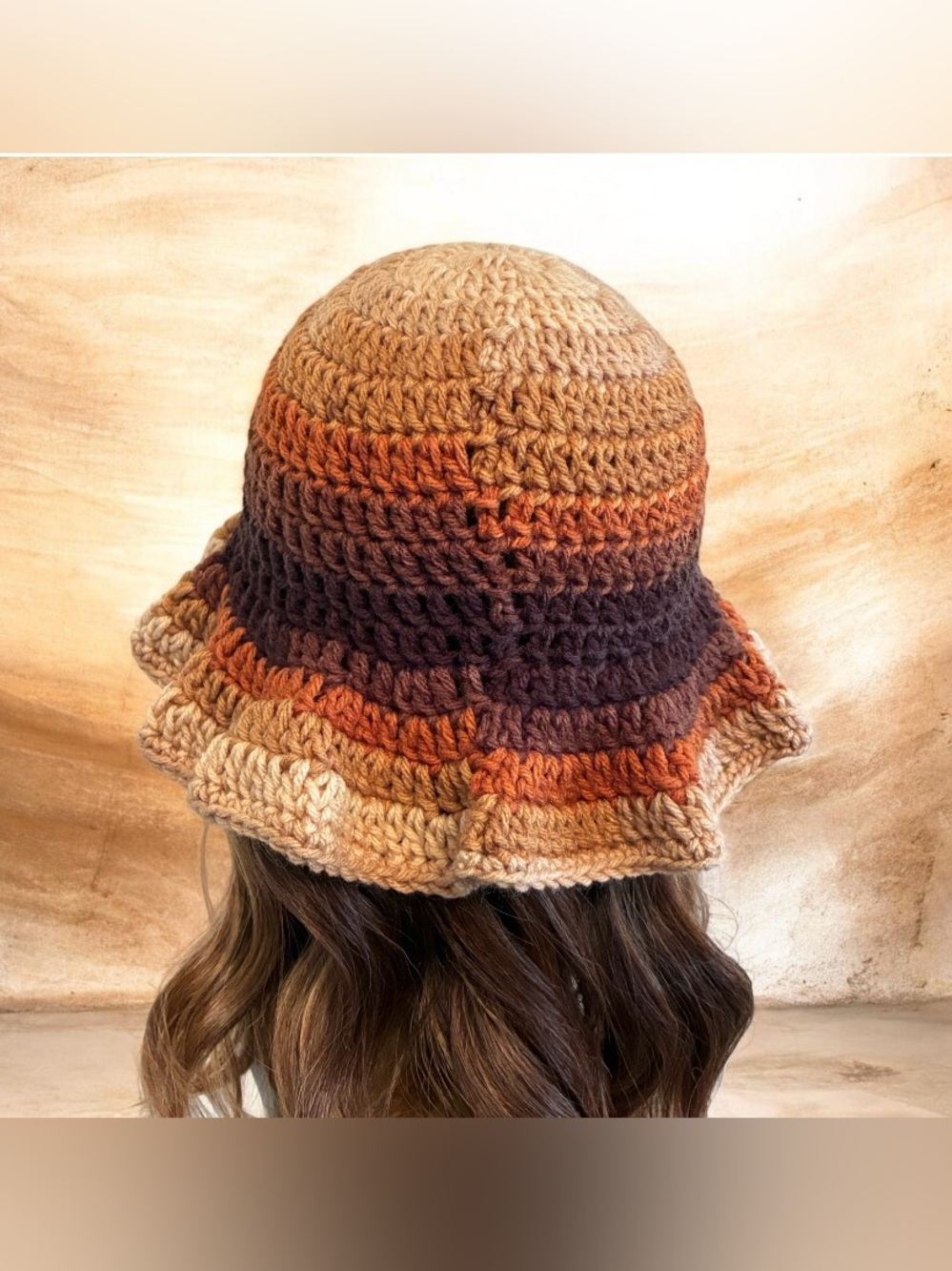 Handmade Crochet Ruffled Bucket Hat - Brown Multi - Picture 4 of 4